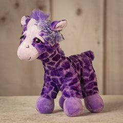 12 inch  tall purple giraffe with a purple bow and eyelashes