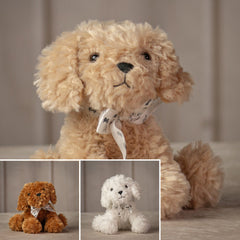 Set of 3 stuffed puppies with white bows in brown, beige, and white