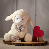 10" cream Prayerful Bedtime Lamb plush with sewn eyes and holding a plaid blanket and says prayer