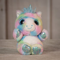 6.5" rainbow Dazzle Unicorn with sparkle eyes and iridescent horn and hands and feet 
