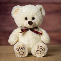 A cream bear that is 13 inches tall while standing
