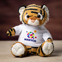 A striped tiger wearing a white custom printed t shirt