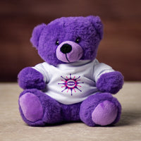 A purple bear wearing a white custom printed t shirt