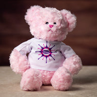 A pink bear wearing a white custom printed t shirt