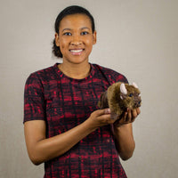 A woman holds a brown buffalo that is 9 inches from head to tail