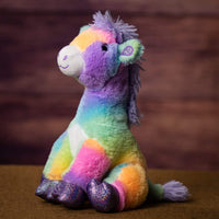 A rainbow giraffe that is 12 inches tall while sitting