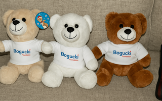 Three plush teddy bears wearing Bogucki Foundation t-shirts sitting side-by-side on a couch