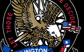 Logo for Arlington ABATE featuring a bald eagle, American flag, and the motto “Let Those Who Ride Decide”