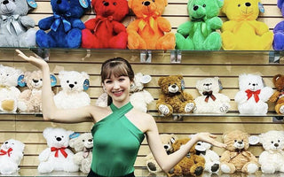 Taylor in front of our bears.