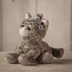 10" Gray Bella Tabby Cat with a boy and sparkly blue eyes and eyelashes
