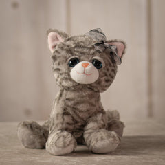 10" Gray Bella Tabby Cat with a boy and sparkly blue eyes and eyelashes
