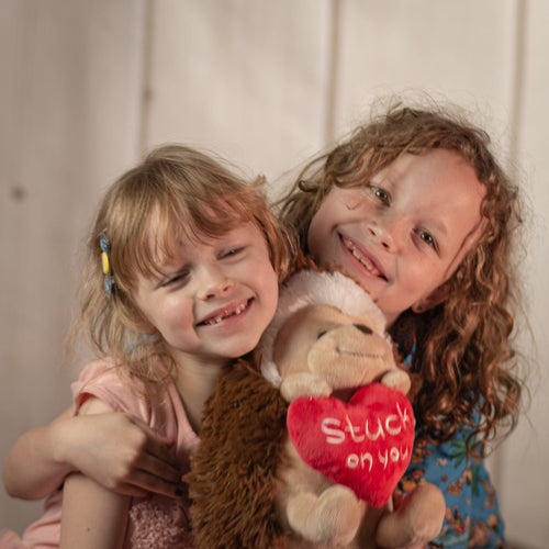 Two little girls holding a 10 inch Valentines hedgehog holding a stuffed heart that says, "Stuck on you."