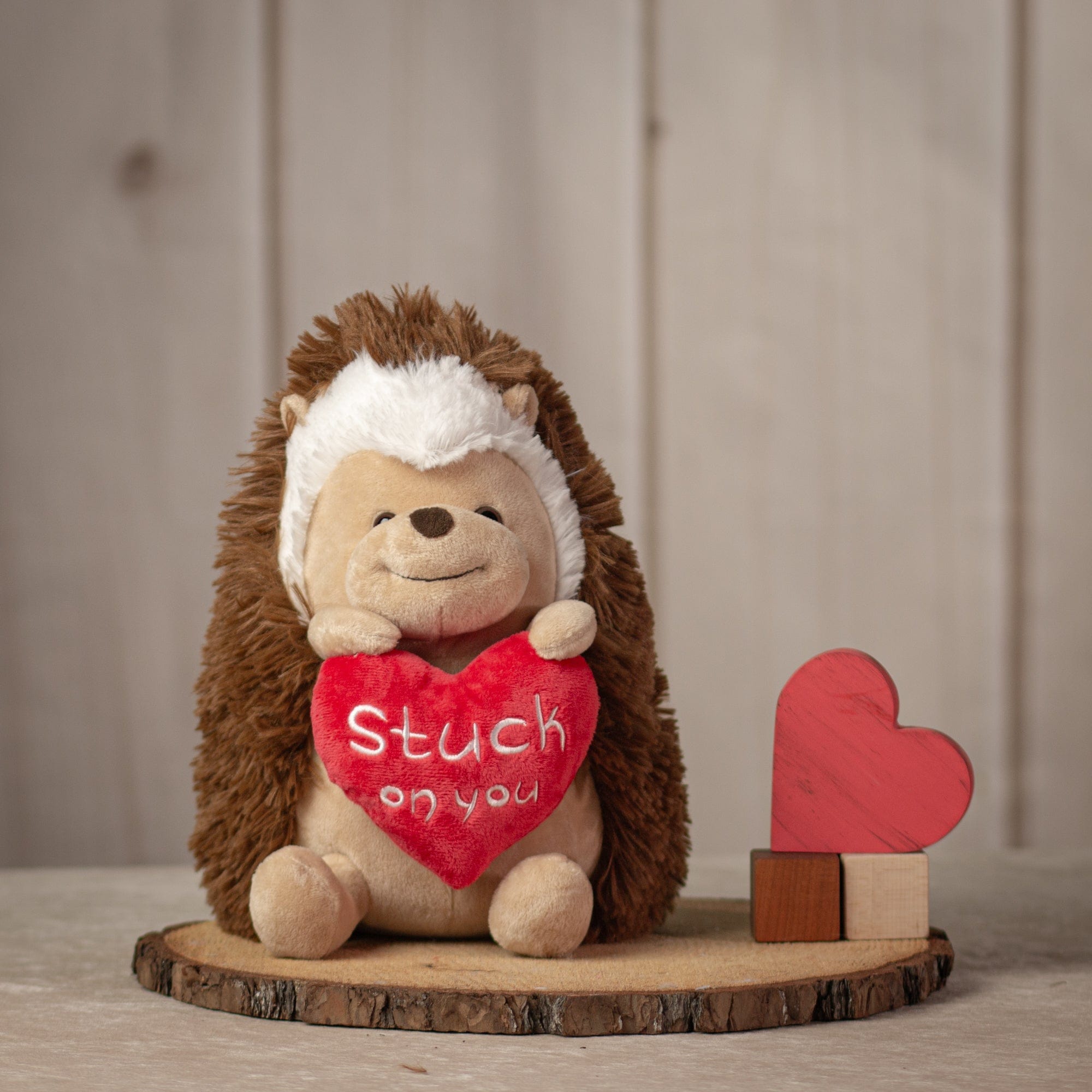 10 inch Valentines hedgehog holding a stuffed heart that says, "Stuck on you."