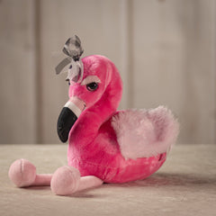 14 inch sitting pink flamingo with a black and white plaid bow