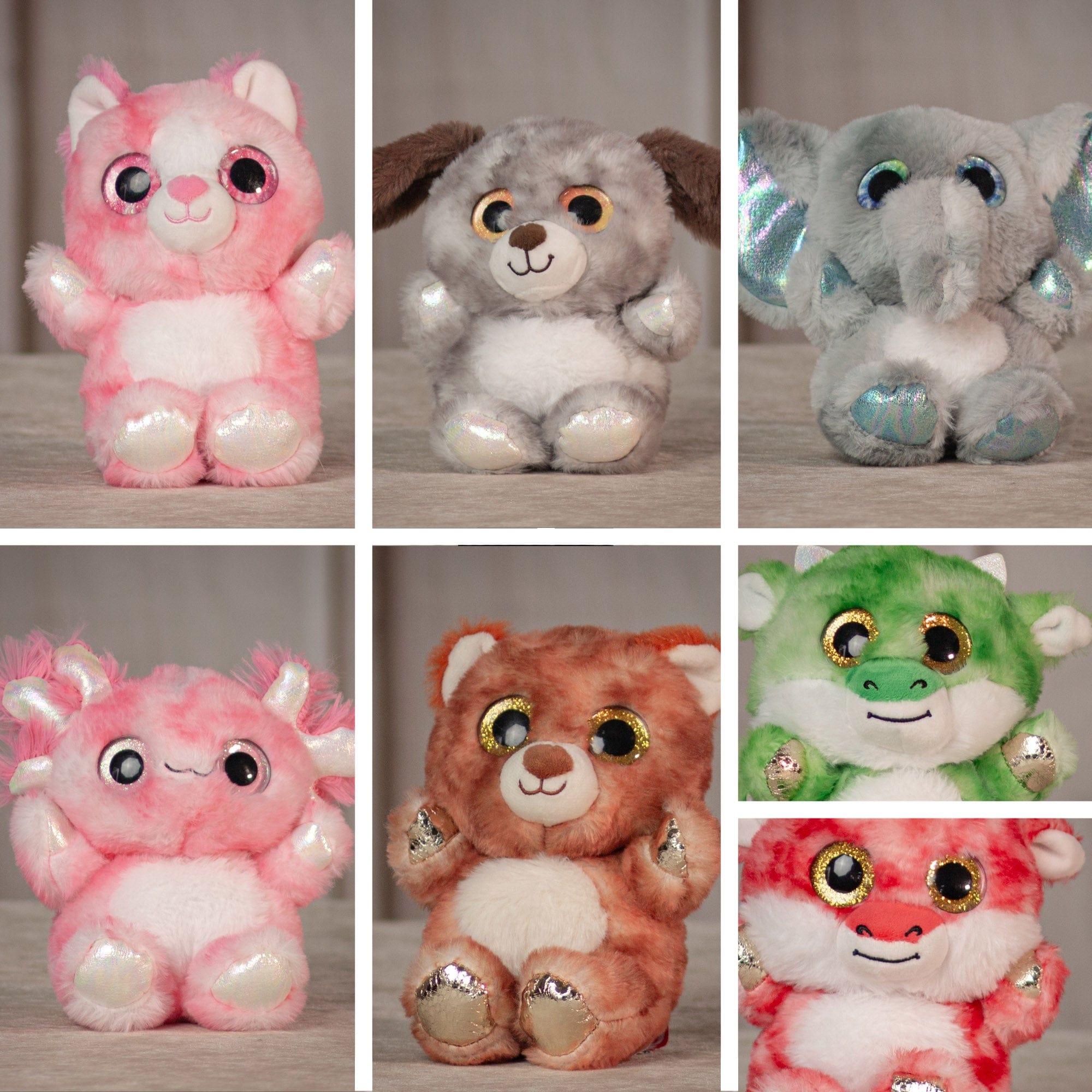 6.5" Dazzle Animal Assortment with a cat, dog, elephant, axotle, bear, and dragons