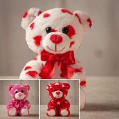 Trio of 7.5 inch bears covered in hearts in pink, red, and white