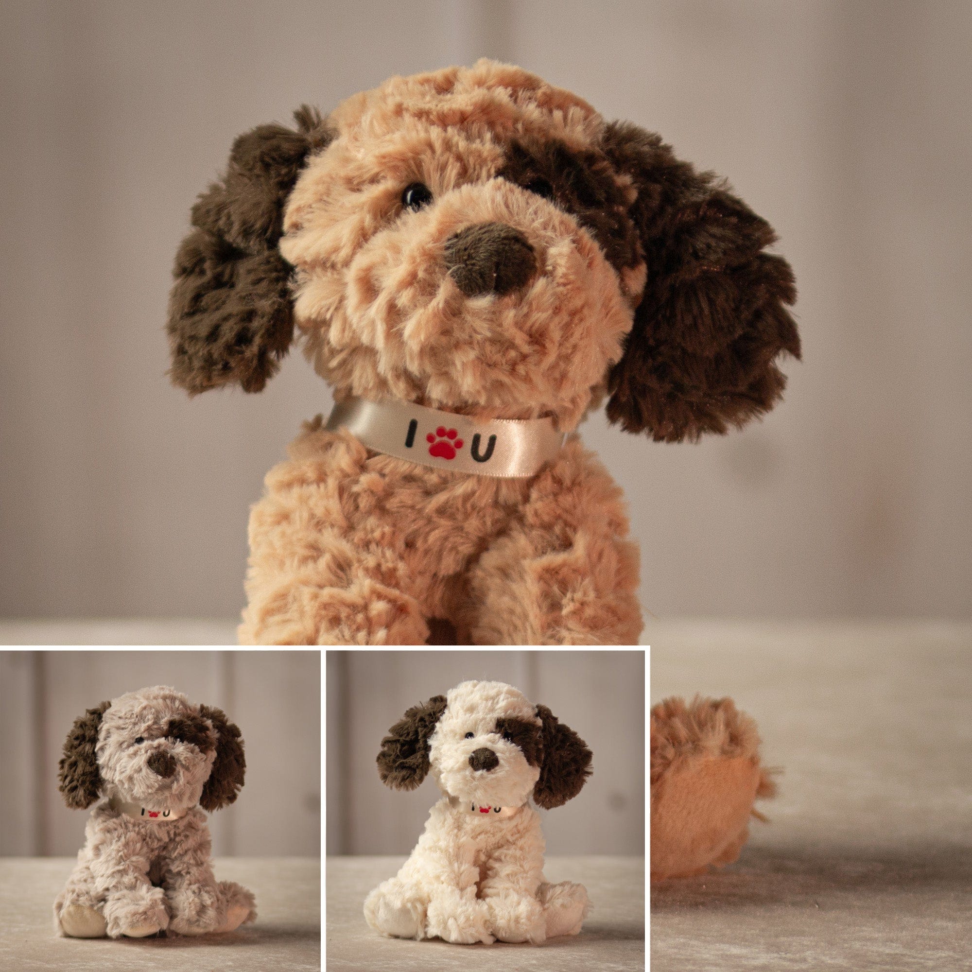 8 inch stuffed puppy trio with a ribbon that says "I love you" around their necks. Colors come in cream, beige, and light brown.
