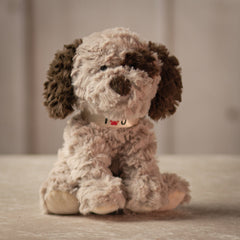 8 inch stuffed light brown puppy with a ribbon that says "I love you" around its neck