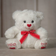 8" White Valentine Bear with a red heart now and paws wearing a bow