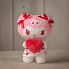 9" Hello Kitty Valentine Kuromi stuffed animal with red bows on its ears and holding a stuffed heart