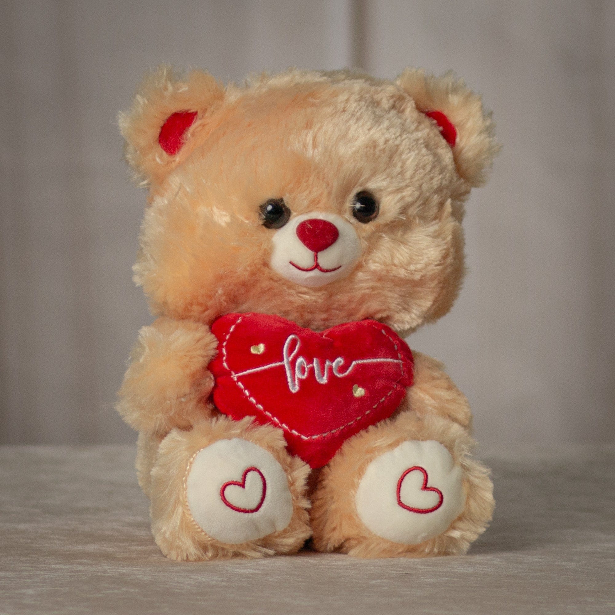 girl holding stuffed 9" tan valentines teddy bear with red love heart and red heart paws