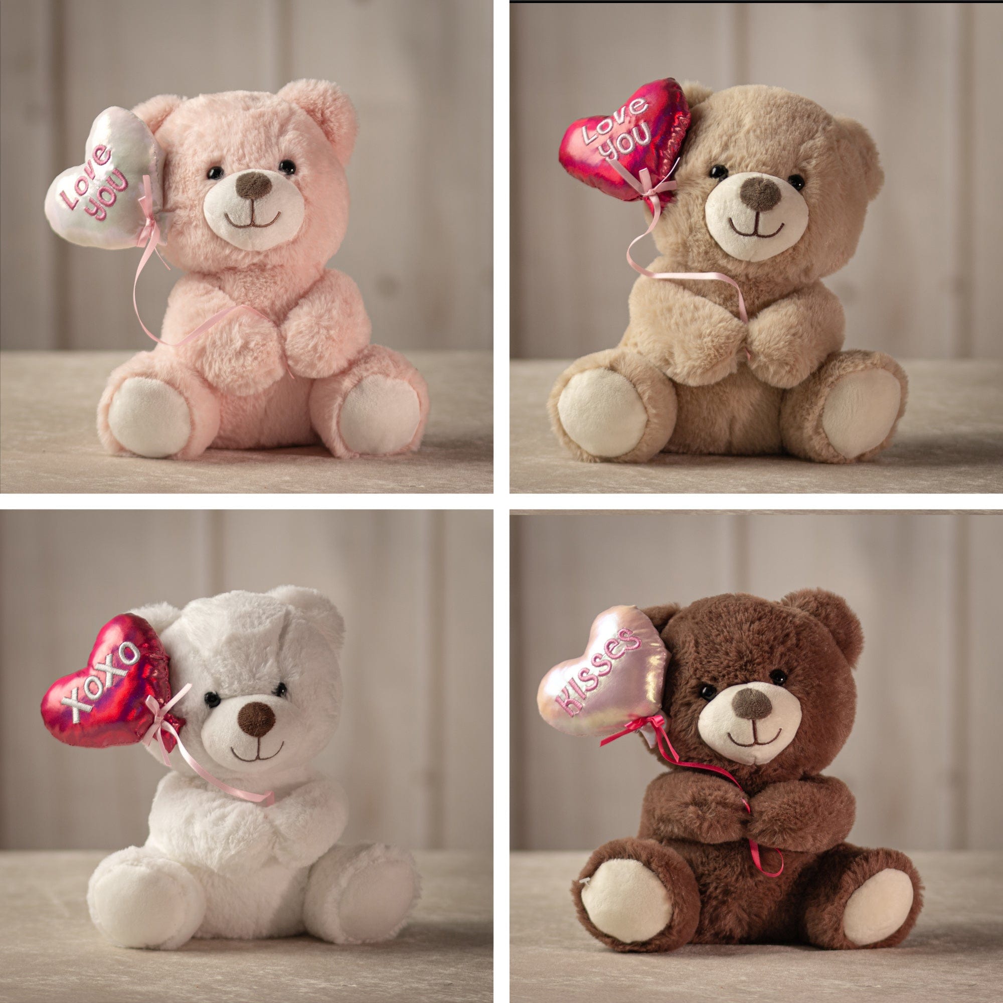 9 inch quartet of stuffed Valentine bears in  light pink, beige, white, and brown all holding heart balloons
