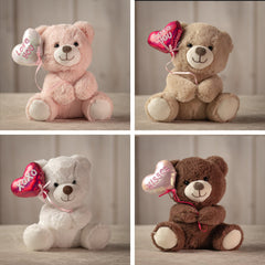 9 inch quartet of stuffed Valentine bears in  light pink, beige, white, and brown all holding heart balloons
