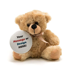 A beige bear holding a white button