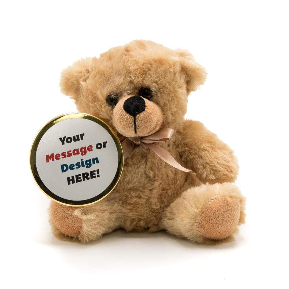 A beige bear holding a gold button