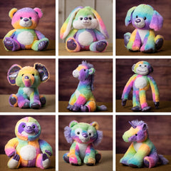 10 to 22 inch rainbow tie dye stuffed animals, including a bear, rabbit, dog, koala, giraffe, monkey, sloth, lion, and unicorn