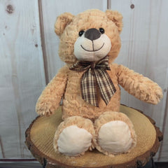 17" Beige stuffed teddy bear with a brown plaid bow