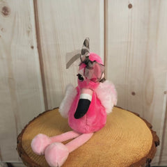14 inch sitting pink flamingo with a black and white plaid bow