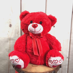 8.5" Red Valentine Bear with a heart nose and heart paws wearing a bow