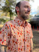 beary cheerful aloha shirt in peach with valentines bears on it