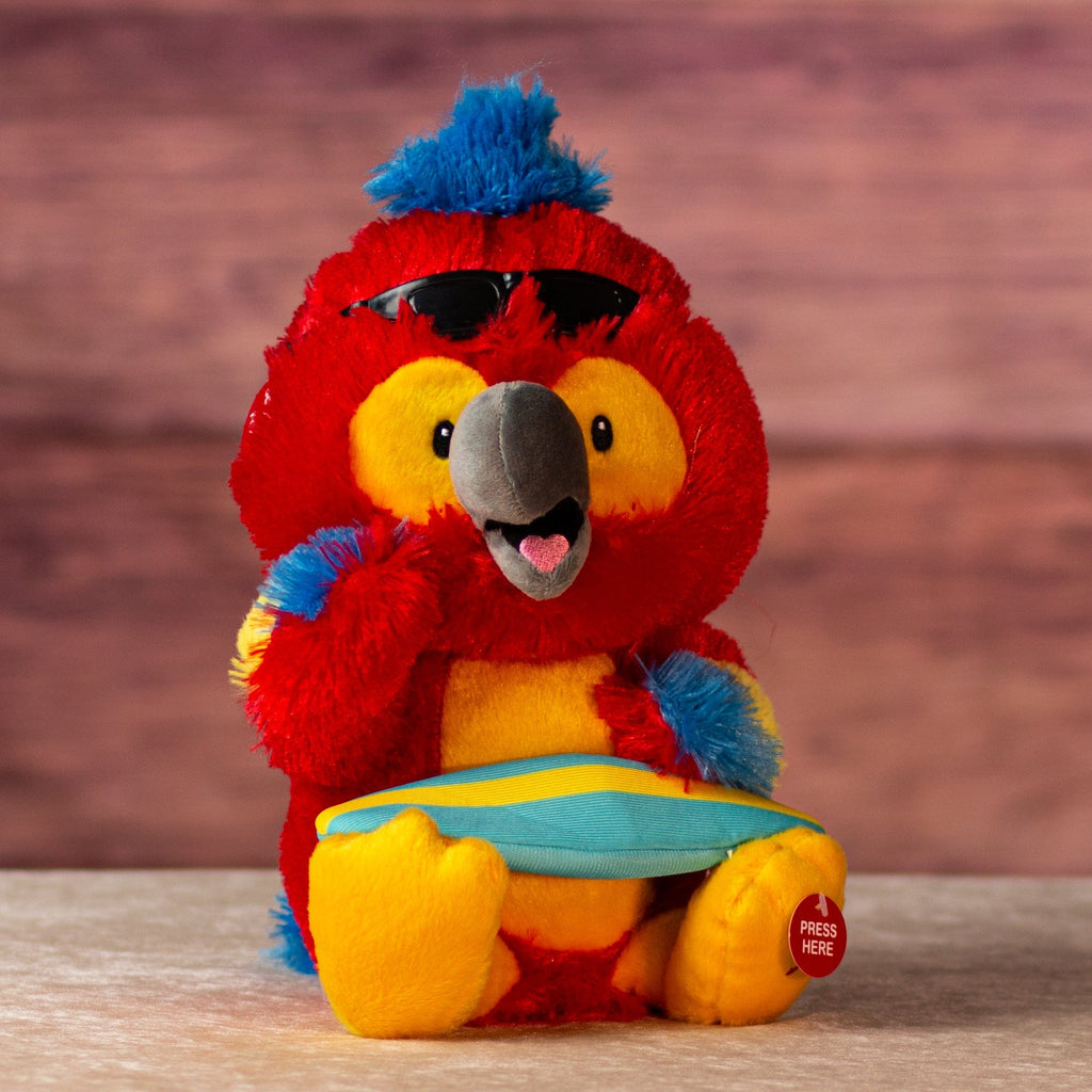 11 in stuffed singing red parrot wearing sunglasses and a surfboard