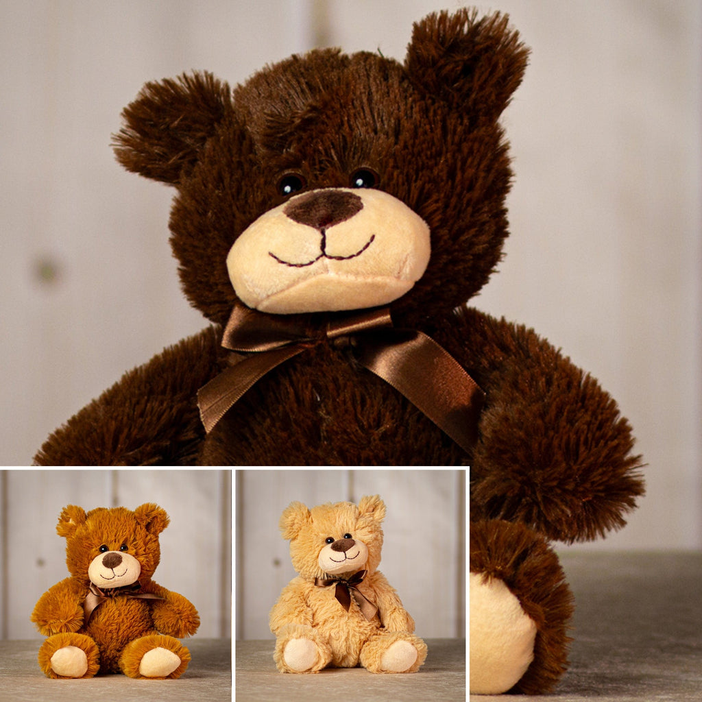 9" stuffed brown bear trio wearing a bow