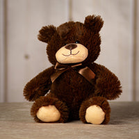 9" stuffed dark brown bear trio wearing a bow