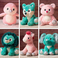 Assorted collection of stuffed blue and pink animals with glitter paws