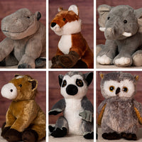 stuffed 15 in red fox, lemur, elephant, hippo, owl and horse