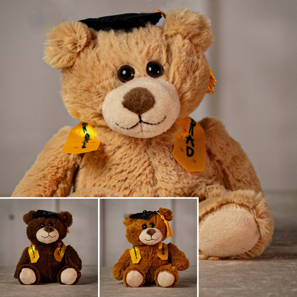 6"  brown Graduation Bear Trio wearing a gold stole and wearing hat