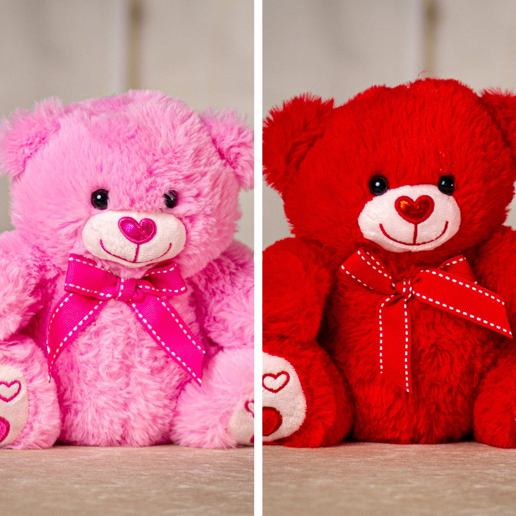 8.5" Red & Pink Valentine Bear Duo with a heart nose and heart paws wearing a bow