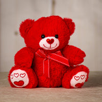 8.5" Red Valentine Bear with a heart nose and heart paws wearing a bow