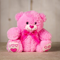 8.5" pink Valentine Bear with a heart nose and heart paws wearing a bow