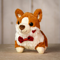 9.5" stuffed valentine brown corgi dog wearing a sparkly red bow tie