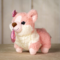 9.5" stuffed valentine  pink corgi dog wearing a bow and holding a heart 