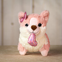 9.5" stuffed valentine pink corgi dog wearing a bow and holding a heart