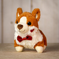 9.5" stuffed valentine brown corgi dog wearing a sparkly red bow tie