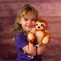 7 in small stuffed brown sitting sloth girl holding him