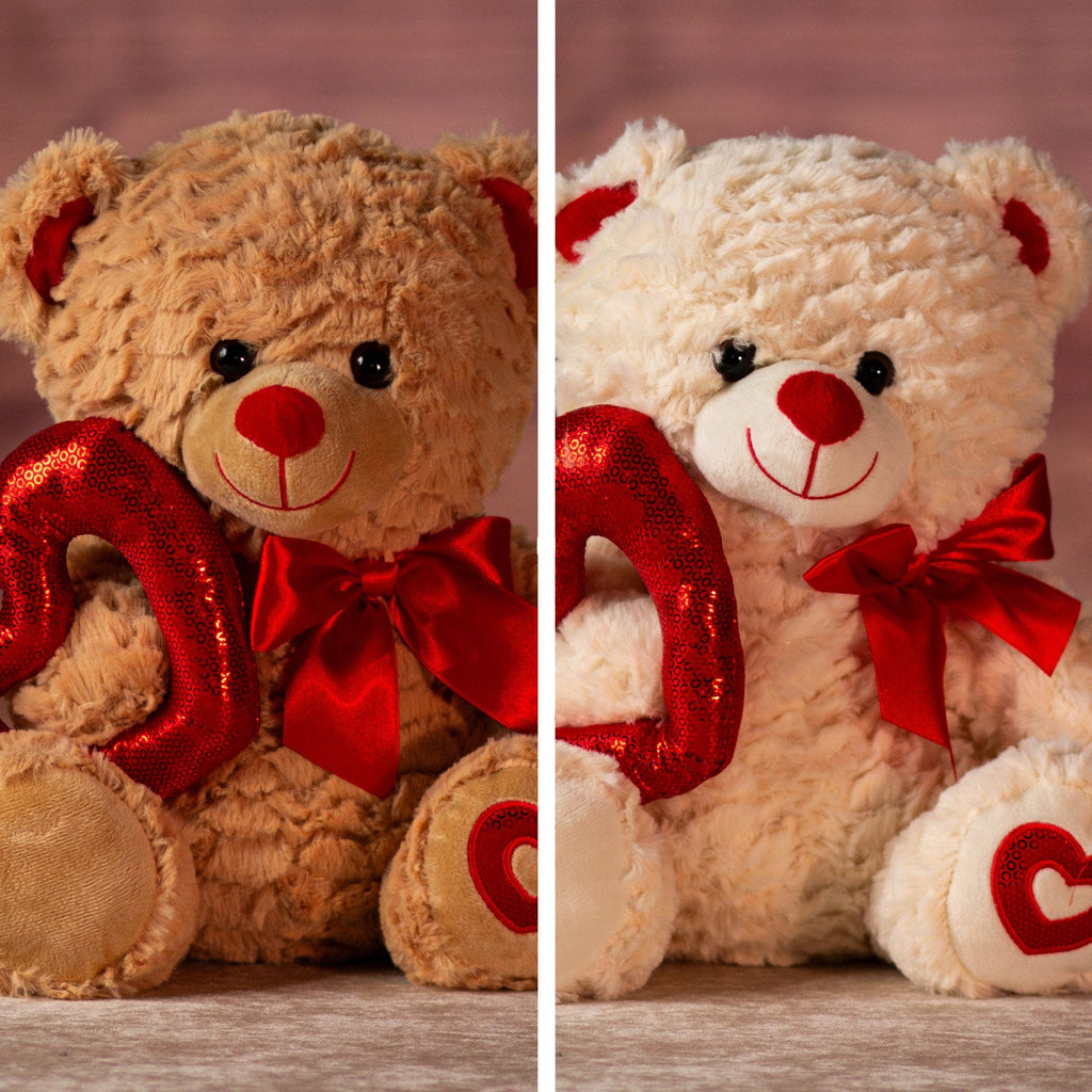 12 in stuffed valentine bear holding sequin heart and wearing bow