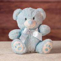 9 in stuffed blue baby bear wearing a bow